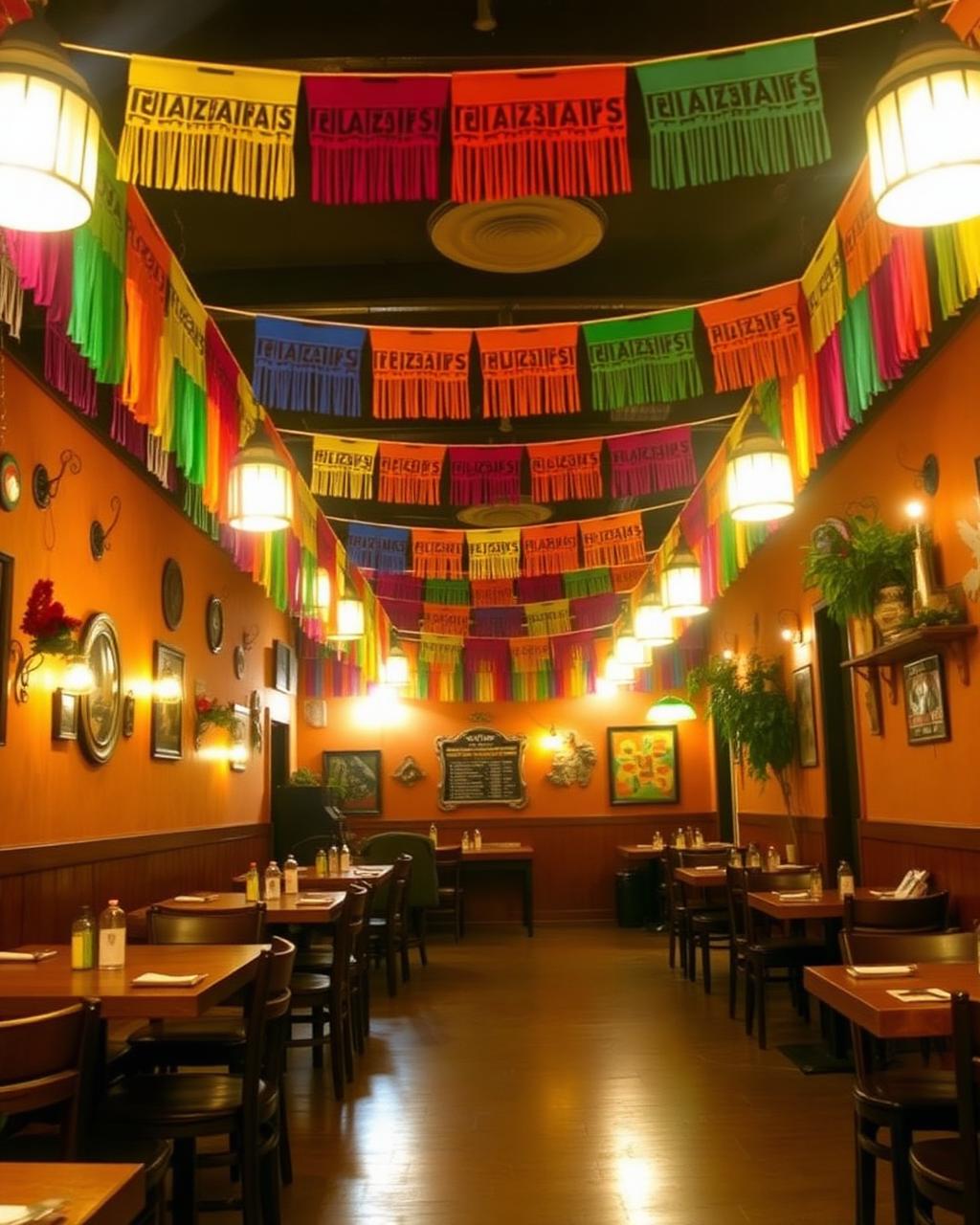 Bandido's Tulum restaurant interior with papel picado banners